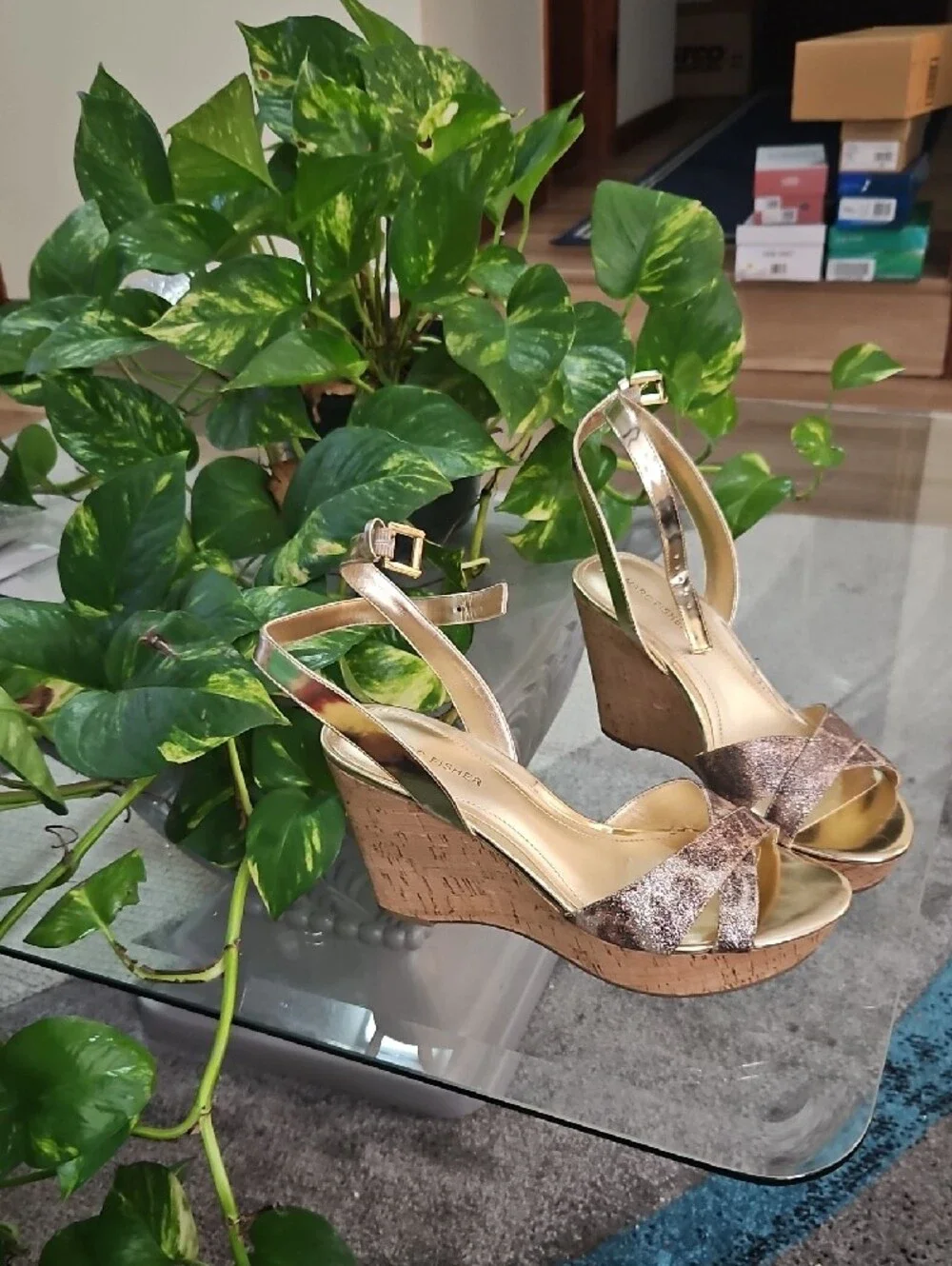 Marc Fisher Gold and Bronze Metallic Wedge Sandals